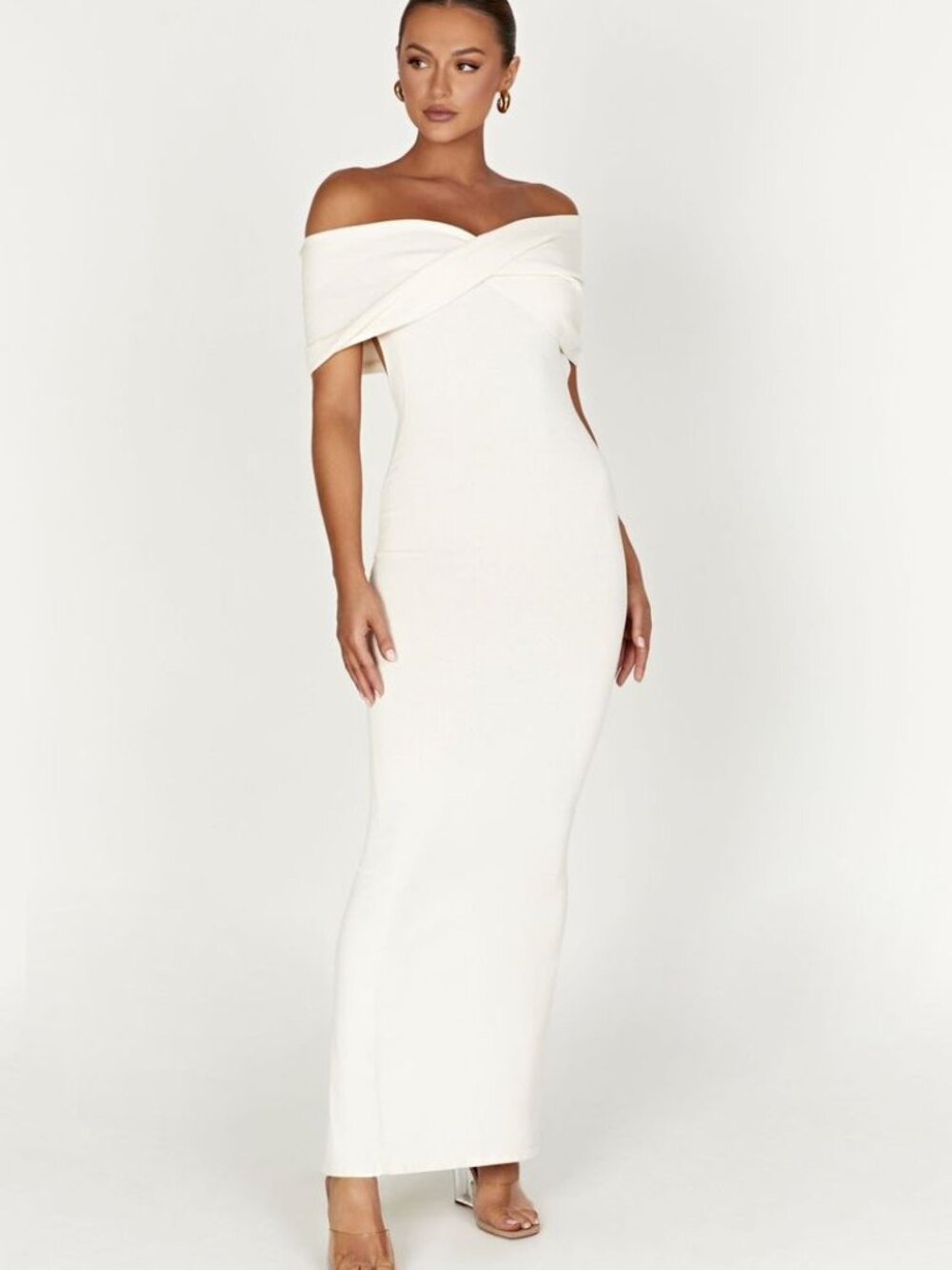 NEW MESHKI Terese Off Shoulder Knit Party Maxi Dress Bodycon V-Neck Cream